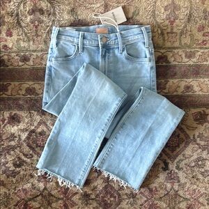 MOTHER Blue Straight Leg Jeans with Frayed Hem